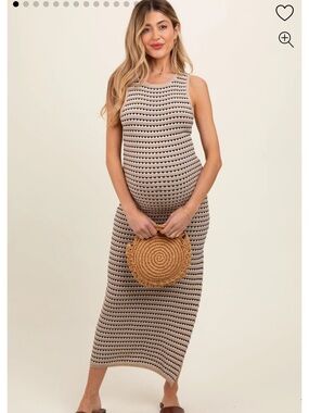 PinkBlush Beige Striped Knit Fitted Sleeveless Maternity Maxi Dress in Size S